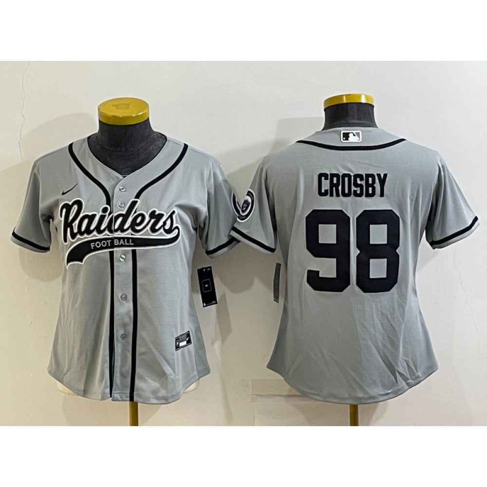 Youth Las Vegas Raiders #98 Maxx Crosby Grey With Patch Cool Base Stitched Baseball Jersey 