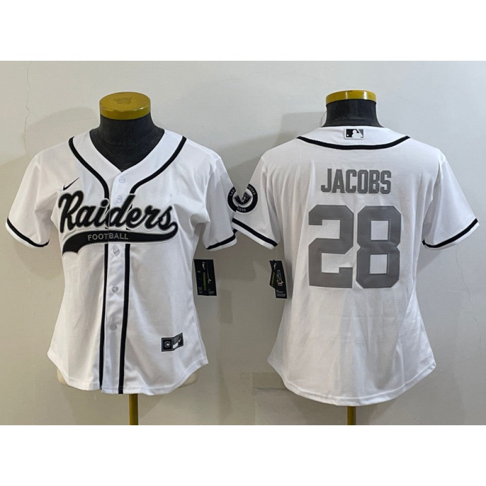 Youth Las Vegas Raiders #28 Josh Jacobs White Silver With Patch Cool Base Stitched Baseball Jersey 