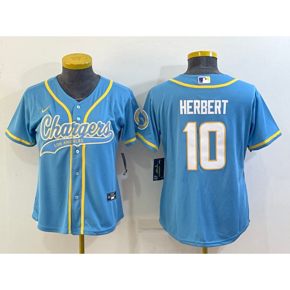 Youth Los Angeles Chargers #10 Justin Herbert Blue With Patch Cool Base Stitched Baseball Jersey 