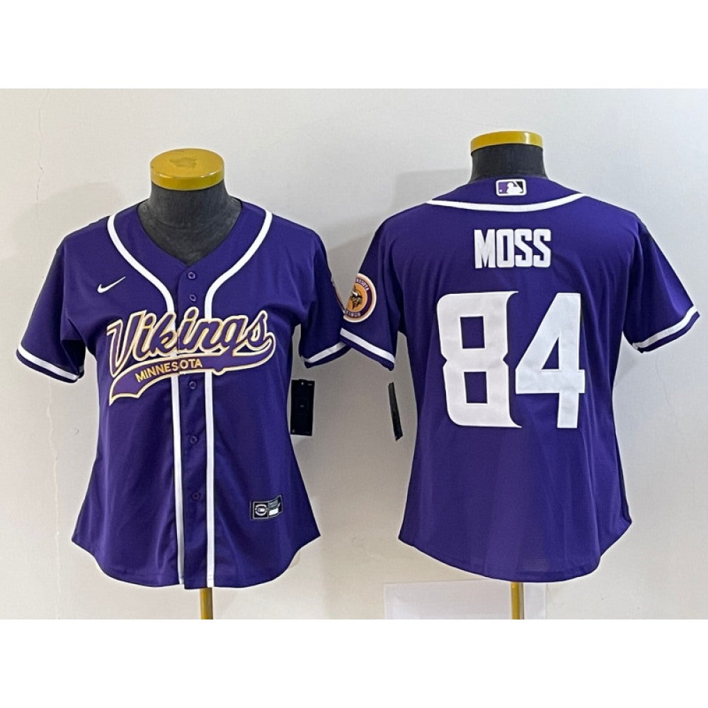 Youth Minnesota Vikings #84 Randy Moss Purple With Patch Cool Base Stitched Baseball Jersey 