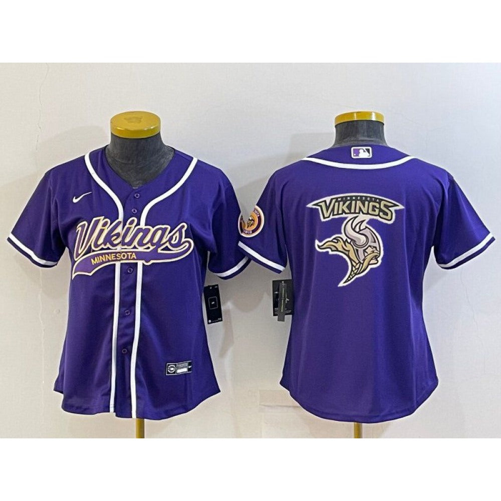 Youth Minnesota Vikings Purple Team Big Logo With Patch Cool Base Stitched Baseball Jersey 