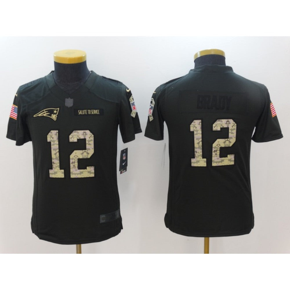 Youth New England Patriots #12 Tom Brady Black Salute to Service Limited Stitched NFL Jersey 