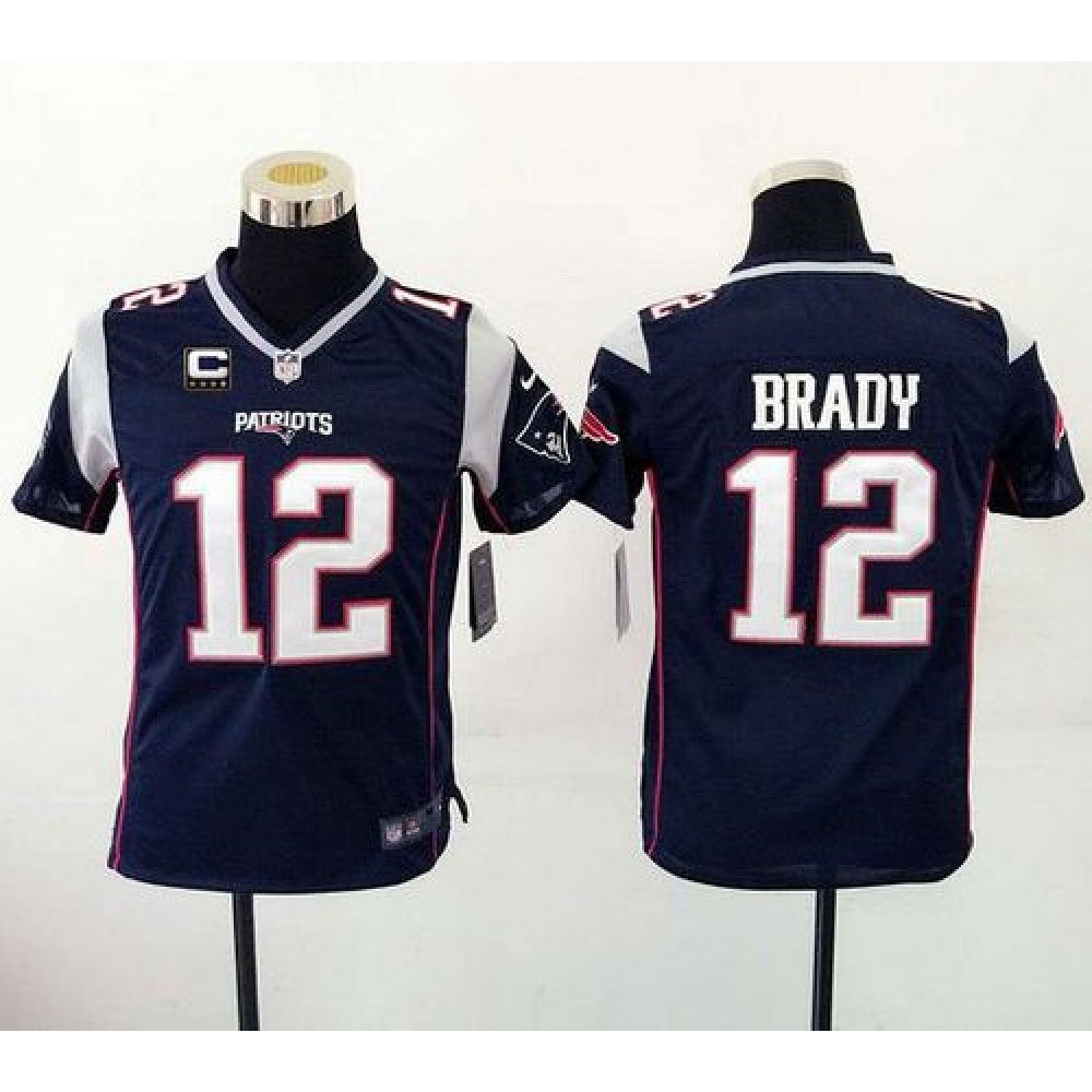 Patriots #12 Tom Brady Navy Blue Team Color With C Patch Youth Stitched NFL New Elite Jersey 