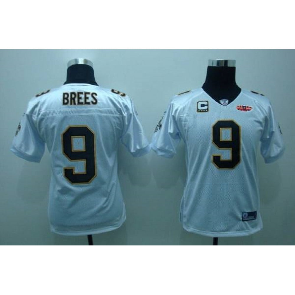 Saints #9 Drew Brees White With Super Bowl Patch Stitched Youth NFL Jersey 