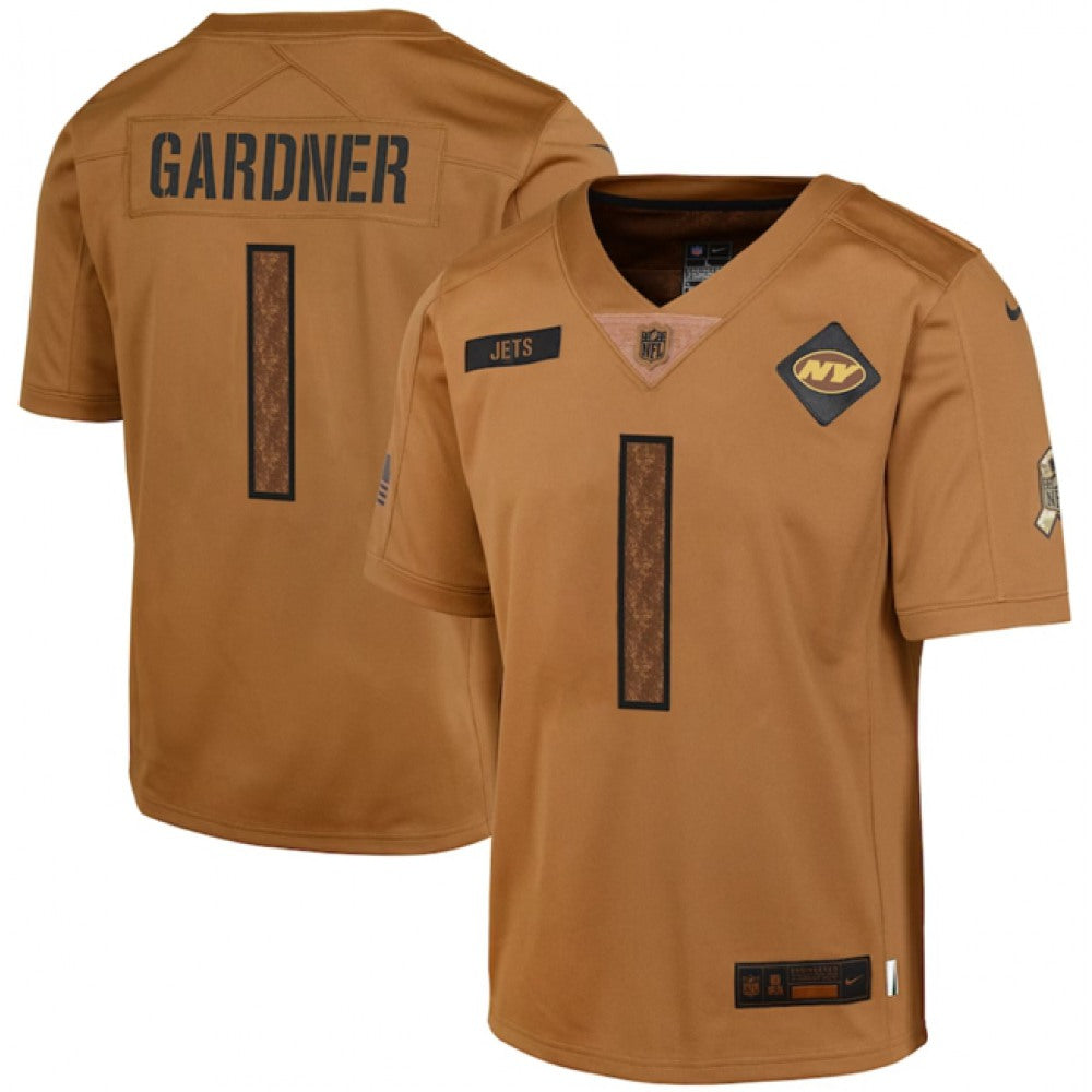 Youth New York Jets #1 Sauce Gardner 2023 Brown Salute To Service Limited Stitched Football Jersey 