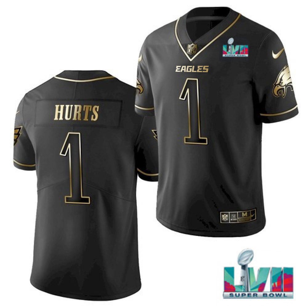 Youth Philadelphia Eagles #1 Jalen Hurts Black Golden Super Bowl LVII Patch Edition Stitched Football Jersey 