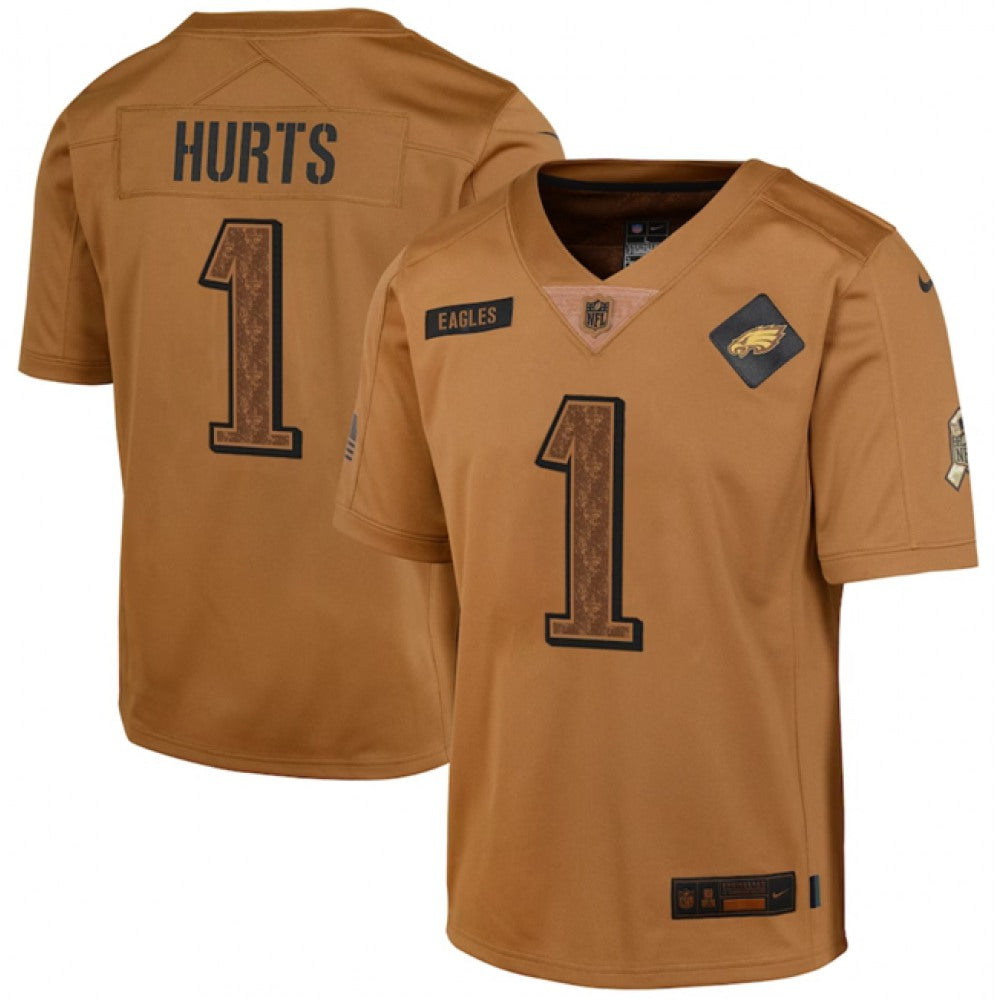Youth Philadelphia Eagles #1 Jalen Hurts 2023 Brown Salute To Service Limited Stitched Football Jersey 