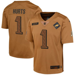 Youth Philadelphia Eagles #1 Jalen Hurts 2023 Brown Salute To Service Limited Stitched Football Jersey 