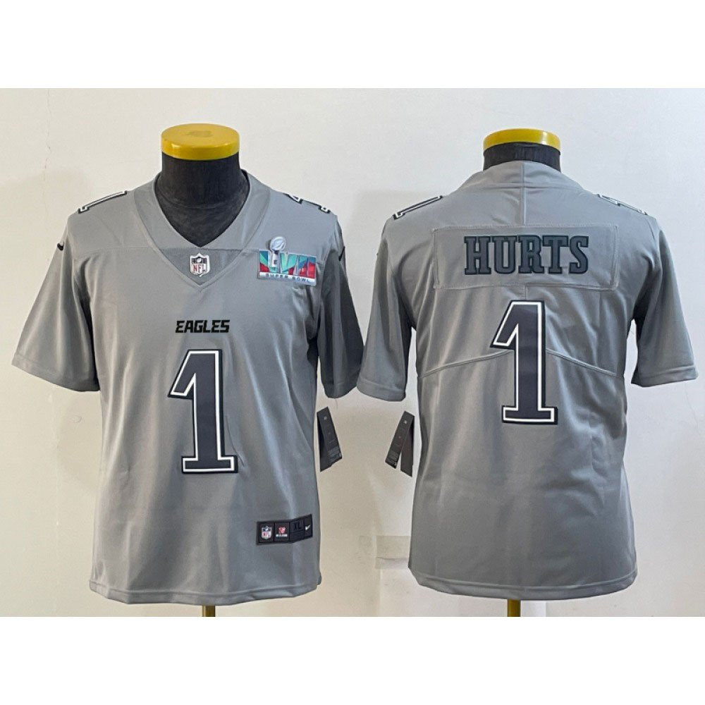 Youth Philadelphia Eagles #1 Jalen Hurts Gray Super Bowl LVII Patch Atmosphere Fashion Stitched Football Jersey 