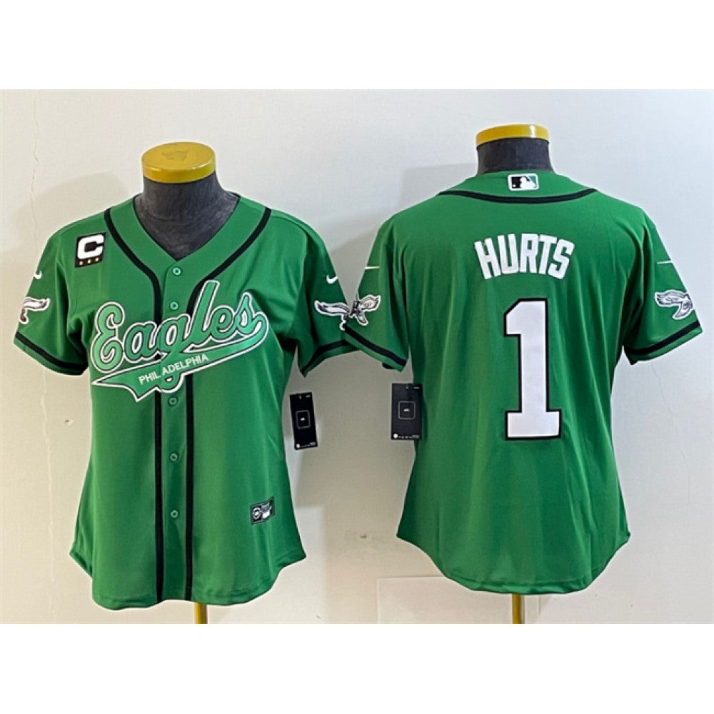 Youth Philadelphia Eagles #1 Jalen Hurts Green With 3-Star C Patch Cool Base Stitched Baseball Jersey 