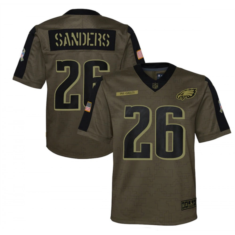 Youth Philadelphia Eagles #26 Miles Sanders 2021 Olive Salute To Service Limited Stitched Jersey 
