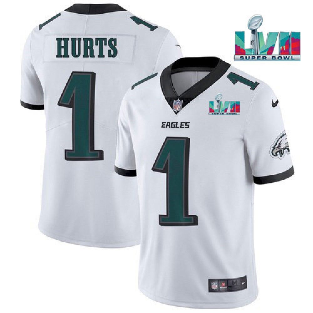 Youth Philadelphia Eagles #1 Jalen Hurts White Super Bowl LVII Patch Vapor Untouchable Limited Stitched Football Jersey 