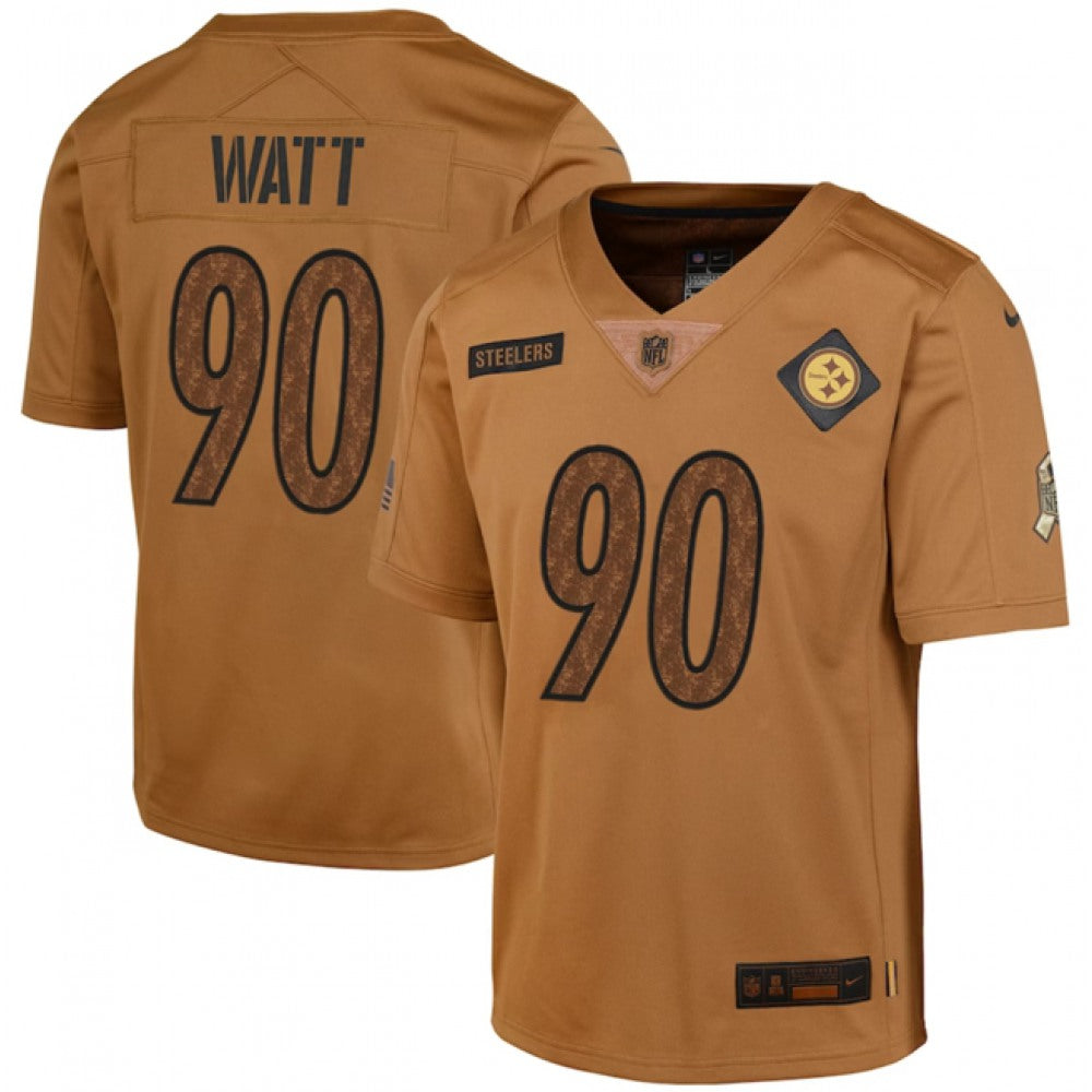 Youth Pittsburgh Steelers #90 T.J. Watt 2023 Brown Salute To Service Limited Stitched Football Jersey 
