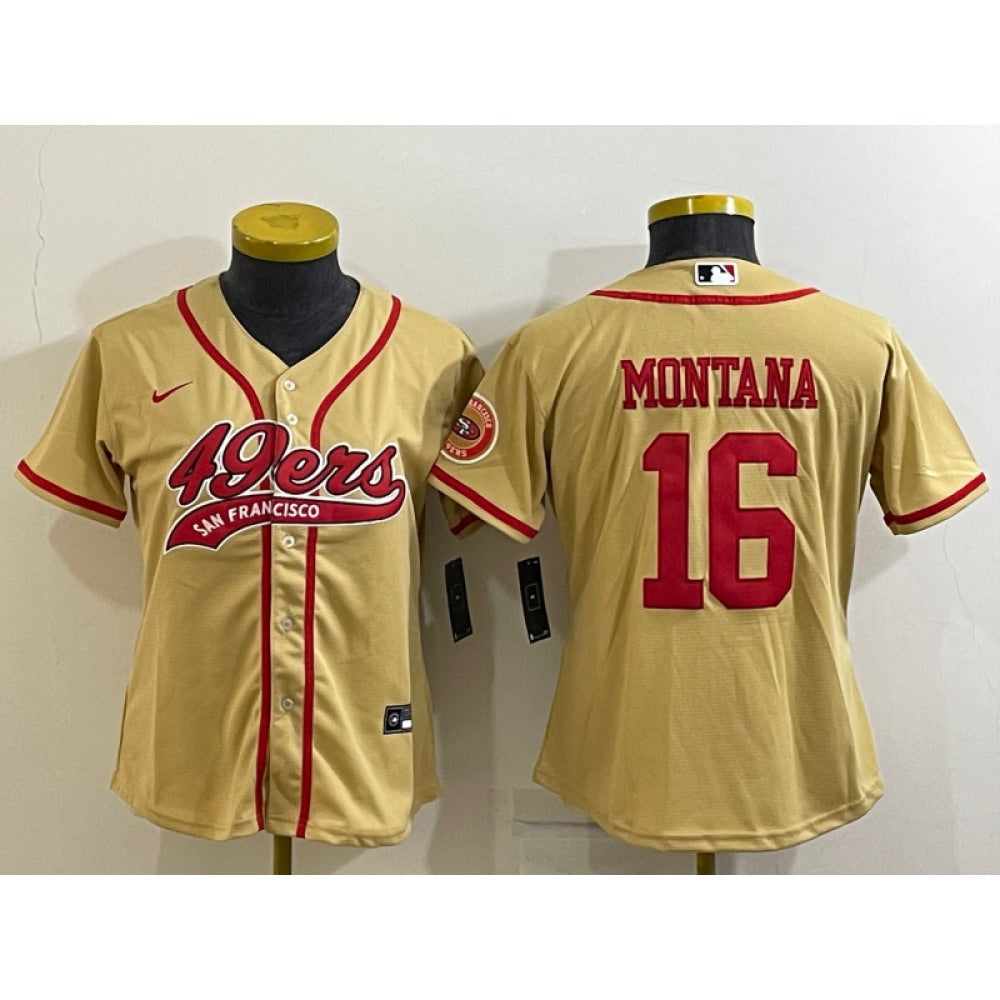 Youth San Francisco 49ers #16 Joe Montana Gold With Patch Cool Base Stitched Baseball Jersey 