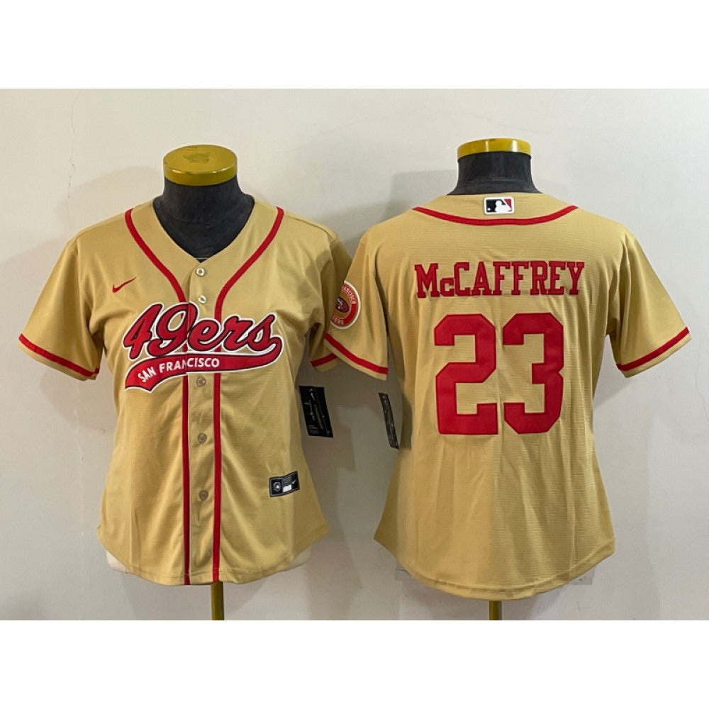 Youth San Francisco 49ers #23 Christian McCaffrey Gold With Patch Cool Base Stitched Baseball Jersey 
