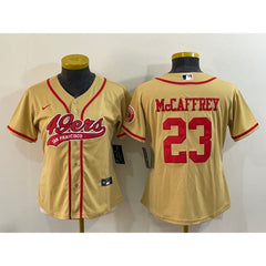 Youth San Francisco 49ers #23 Christian McCaffrey Gold With Patch Cool Base Stitched Baseball Jersey 