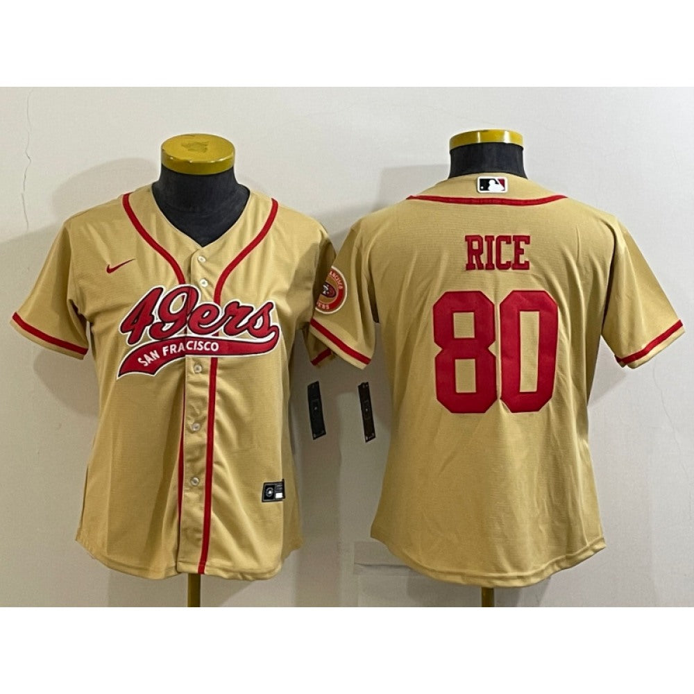 Youth San Francisco 49ers #80 Jerry Rice Gold With Patch Cool Base Stitched Baseball Jersey 