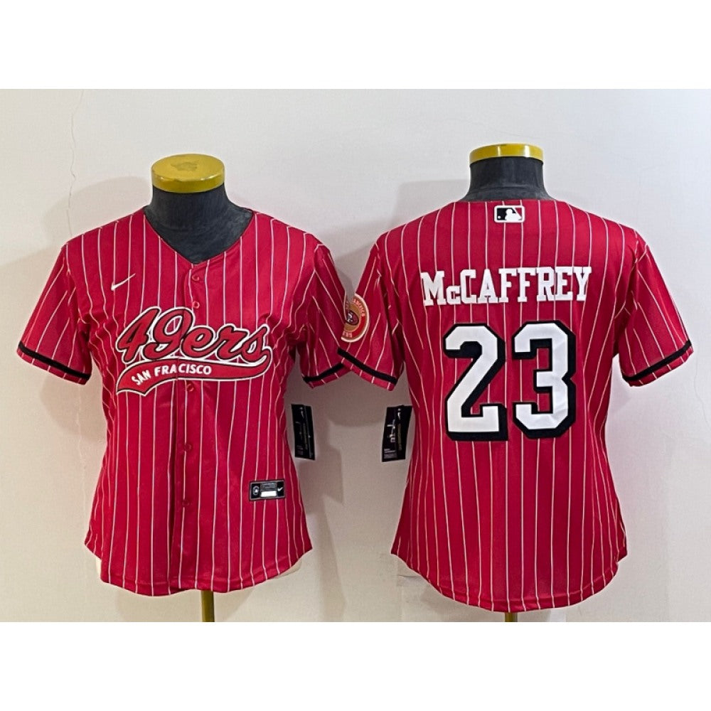 Youth San Francisco 49ers #23 Christian McCaffrey New Red With Patch Cool Base Stitched Baseball Jersey 