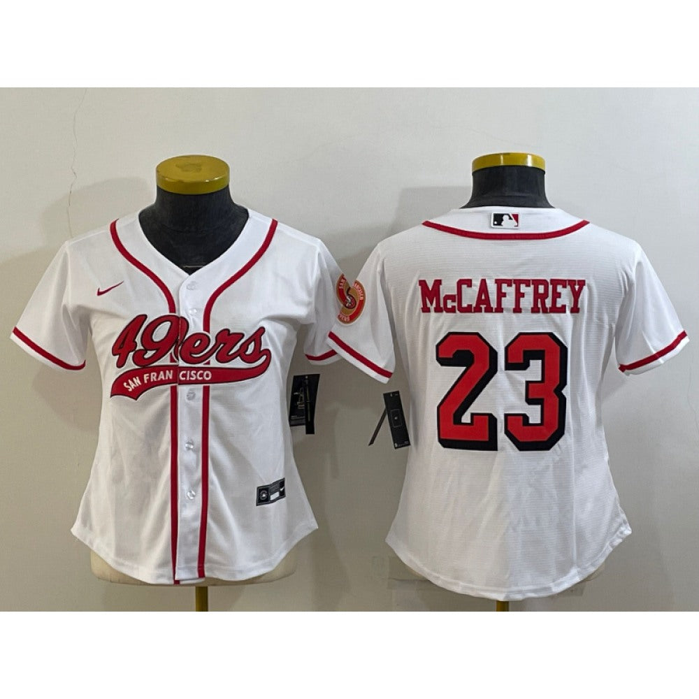 Youth San Francisco 49ers #23 Christian McCaffrey New White With Patch Cool Base Stitched Baseball Jersey 