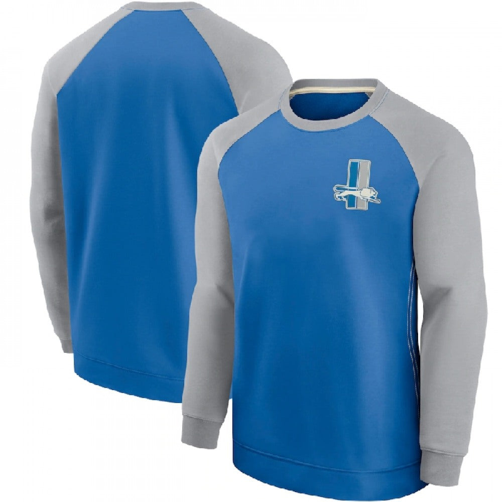 Men's Detroit Lions Blue/Grey Historic Raglan Crew Performance Sweater 