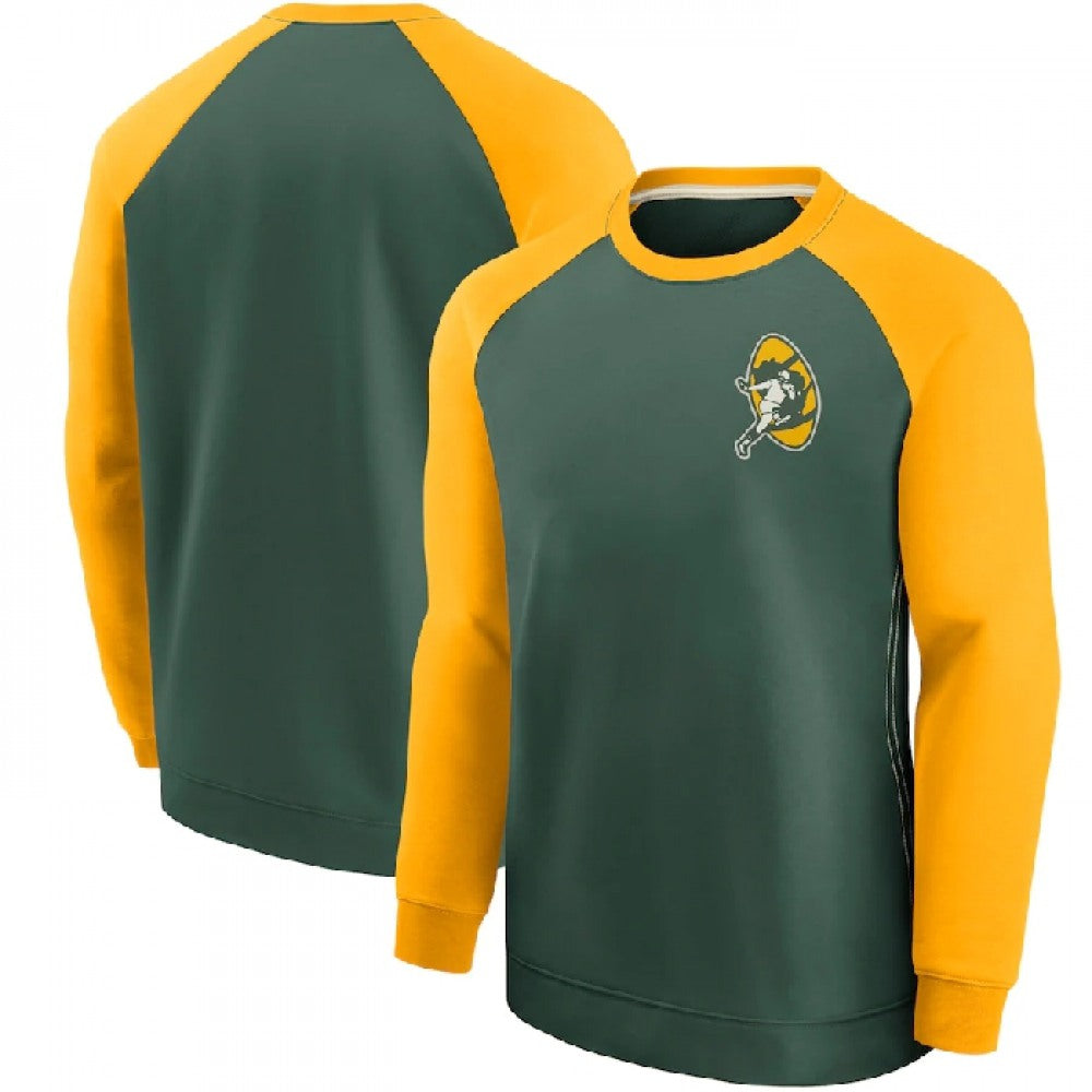 Men's Green Bay Packers Green/Yellow Historic Raglan Crew Performance Sweater 