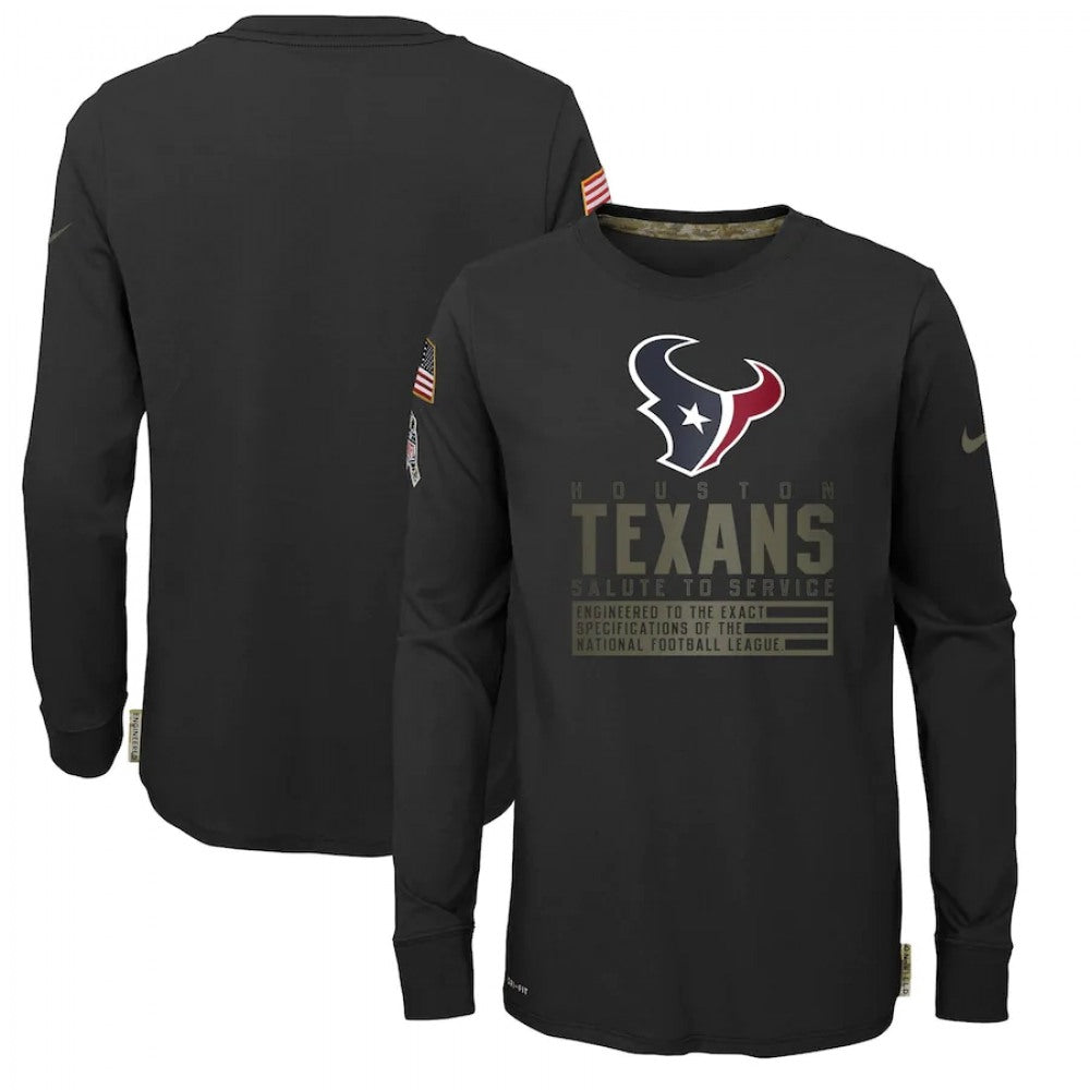 Youth Houston Texans 2020 Black Salute To Service Sideline Performance Long Sleeve T-Shirt 