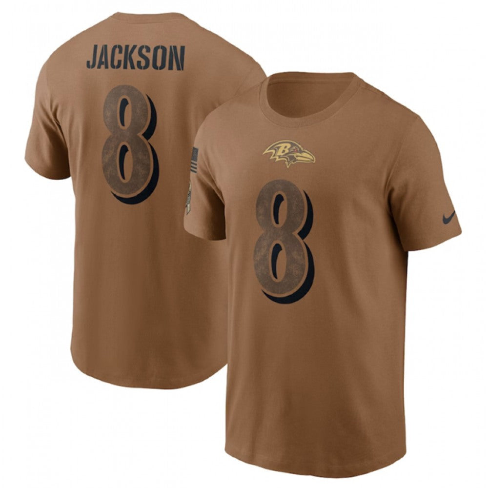 Men's Baltimore Ravens #8 Lamar Jackson 2023 Brown Salute To Service Name & Number T-Shirt 