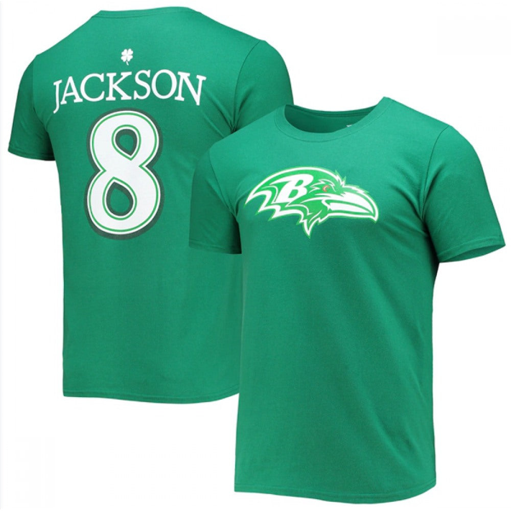 Men's Baltimore Ravens #8 Lamar Jackson Green St. Patrick's Day Icon Player T-Shirt 