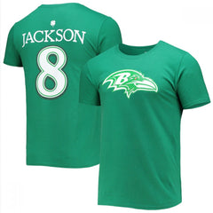 Men's Baltimore Ravens #8 Lamar Jackson Green St. Patrick's Day Icon Player T-Shirt 