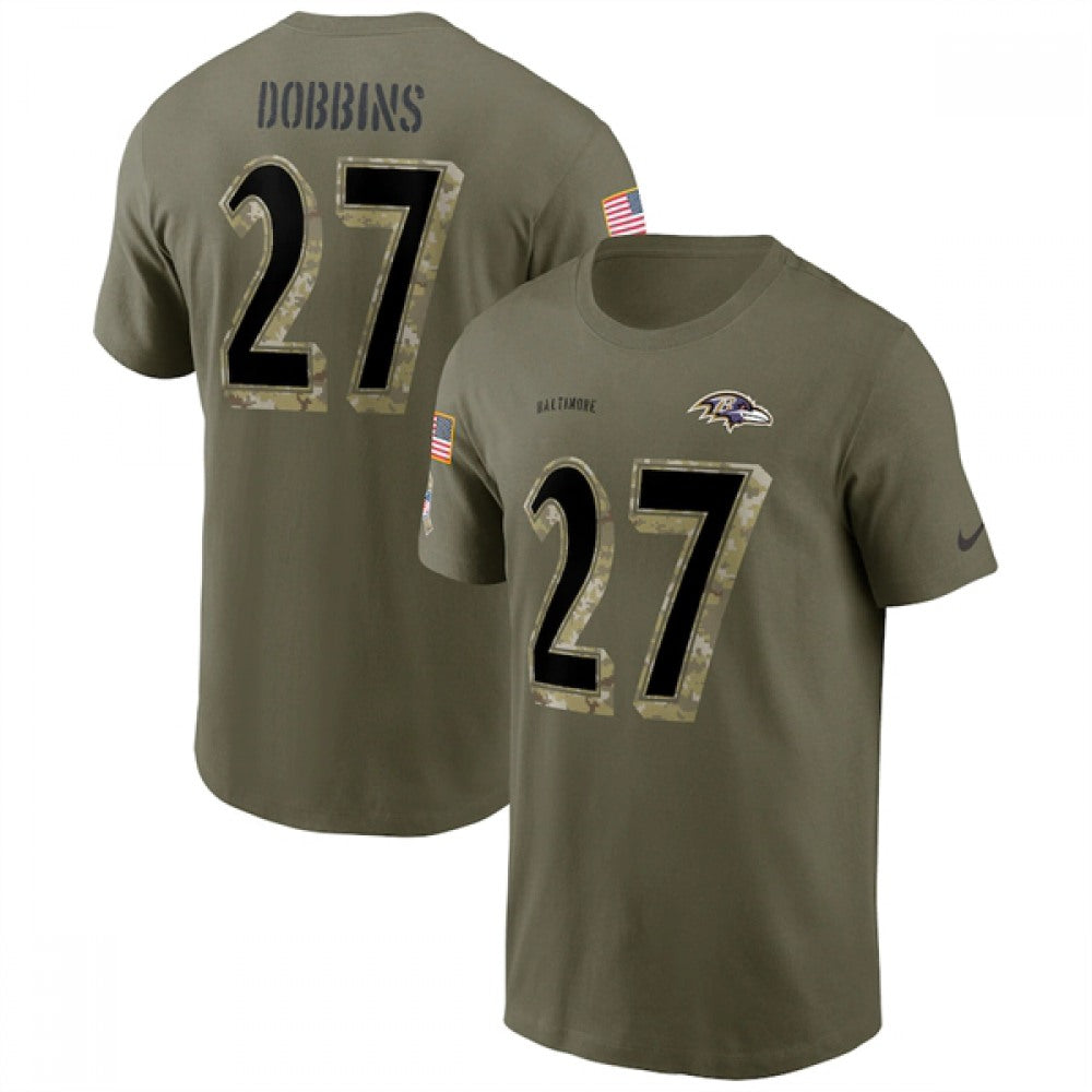 Men's Baltimore Ravens #27 J.K. Dobbins 2022 Olive Salute to Service T-Shirt 