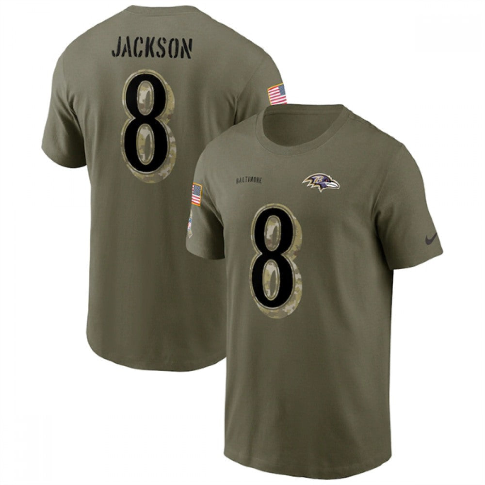 Men's Baltimore Ravens #8 Lamar Jackson 2022 Olive Salute to Service T-Shirt 