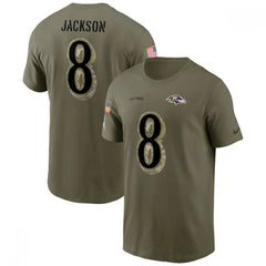 Men's Baltimore Ravens #8 Lamar Jackson 2022 Olive Salute to Service T-Shirt 