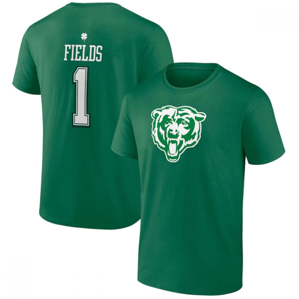 Men's Chicago Bears #1 Justin Fields Green St. Patrick's Day Icon Player T-Shirt 