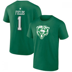 Men's Chicago Bears #1 Justin Fields Green St. Patrick's Day Icon Player T-Shirt 