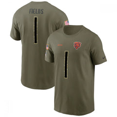 Men's Chicago Bears #1 Justin Fields 2022 Olive Salute to Service T-Shirt 