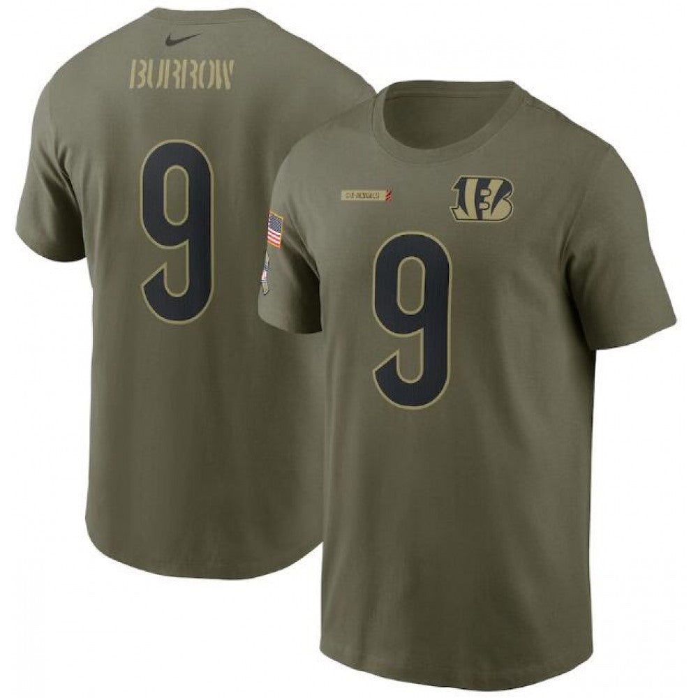 Men's Cincinnati Bengals #9 Joe Burrow 2021 Olive Salute To Service Legend Performance T-Shirt 