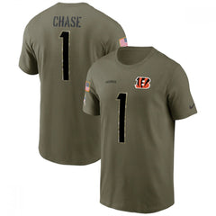 Men's Cincinnati Bengals #1 Ja'Marr Chase 2022 Olive Salute to Service T-Shirt 