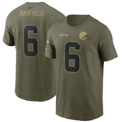 Men's Cleveland Browns #6 Baker Mayfield 2021 Olive Salute To Service Legend Performance T-Shirt 