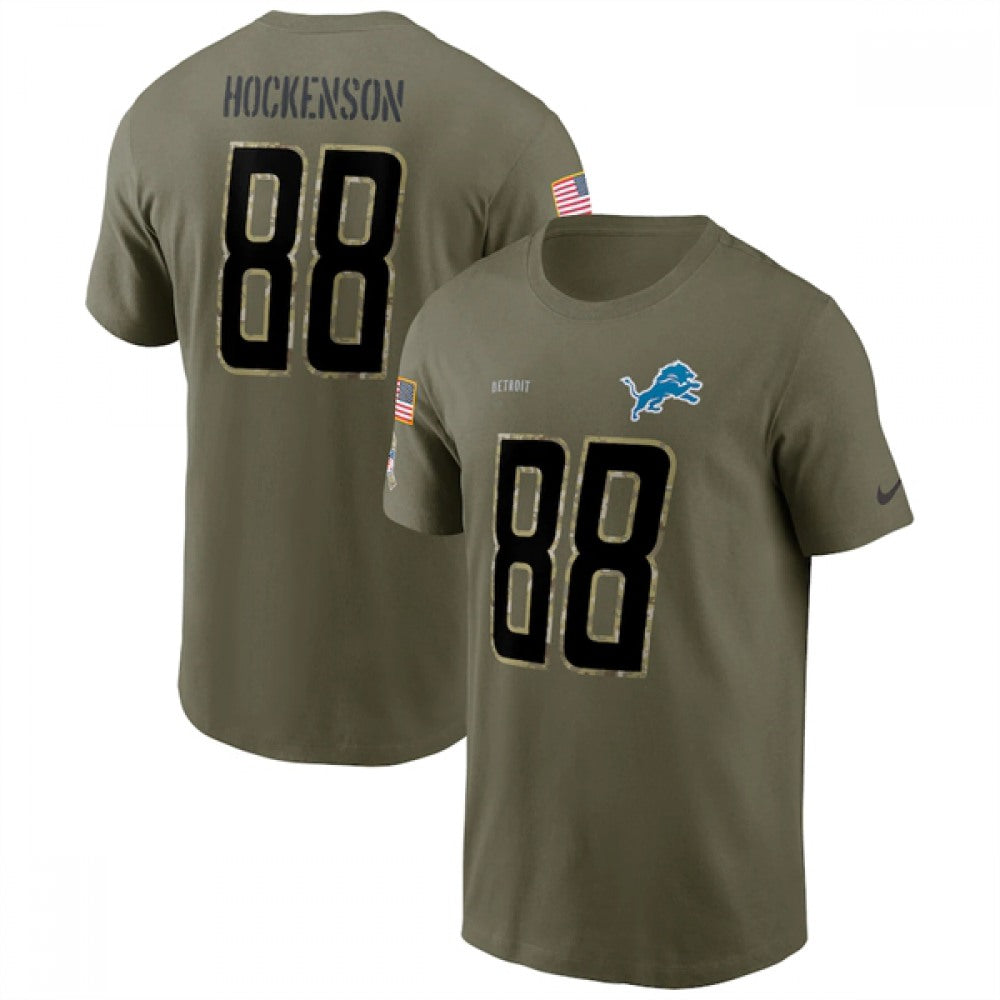 Men's Detroit Lions #88 T.J. Hockenson 2022 Olive Salute to Service T-Shirt 