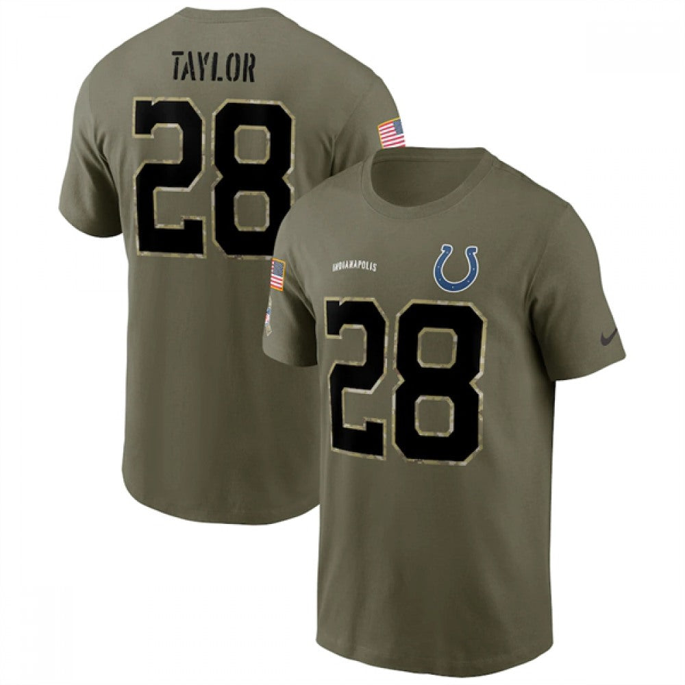 Men's Indianapolis Colts #28 Jonathan Taylor 2022 Olive Salute to Service T-Shirt 