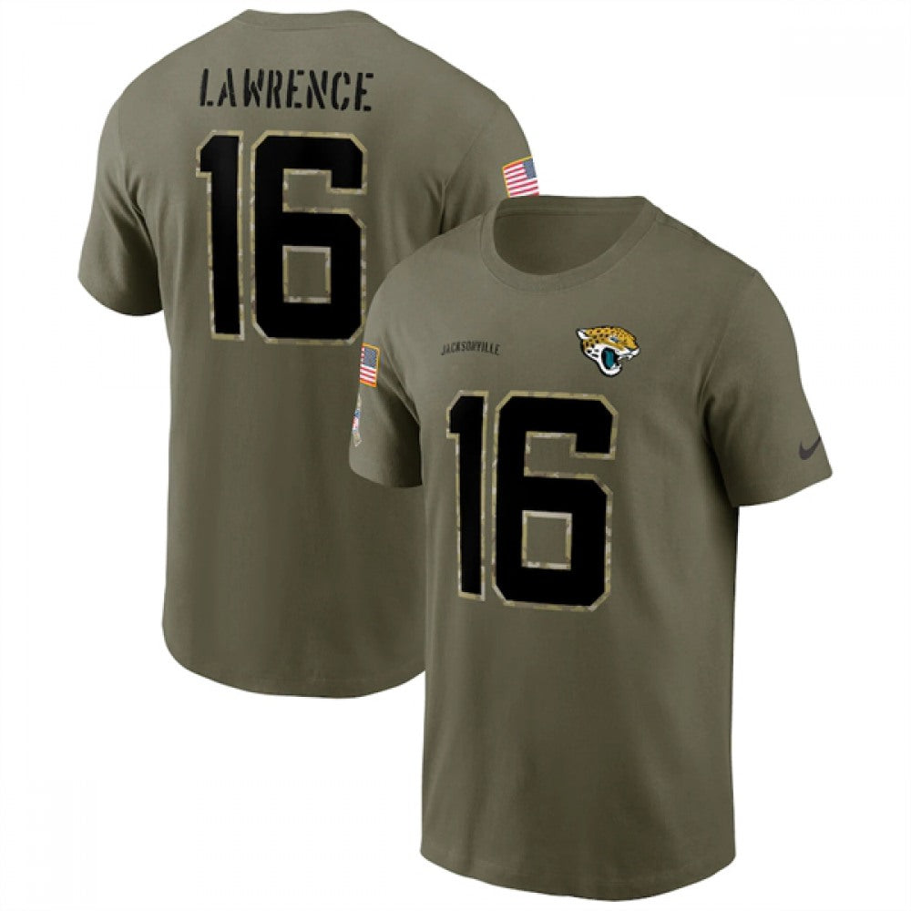 Men's Jacksonville Jaguars #16 Trevor Lawrence 2022 Olive Salute to Service T-Shirt 