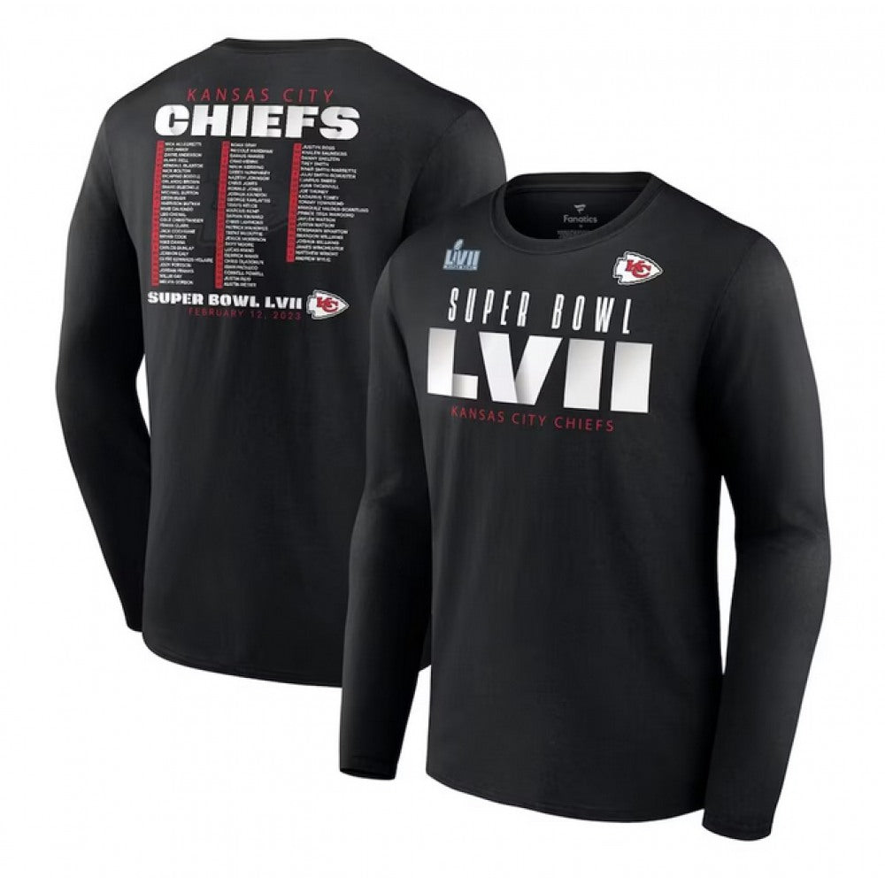 Men's Kansas City Chiefs Black Super Bowl LVII Varsity Team Roster Big & Tall Long Sleeve T-Shirt 