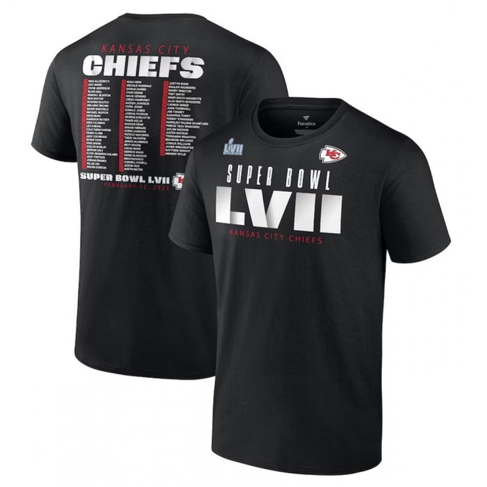 Men's Kansas City Chiefs Black Super Bowl LVII Varsity Roster T-Shirt 