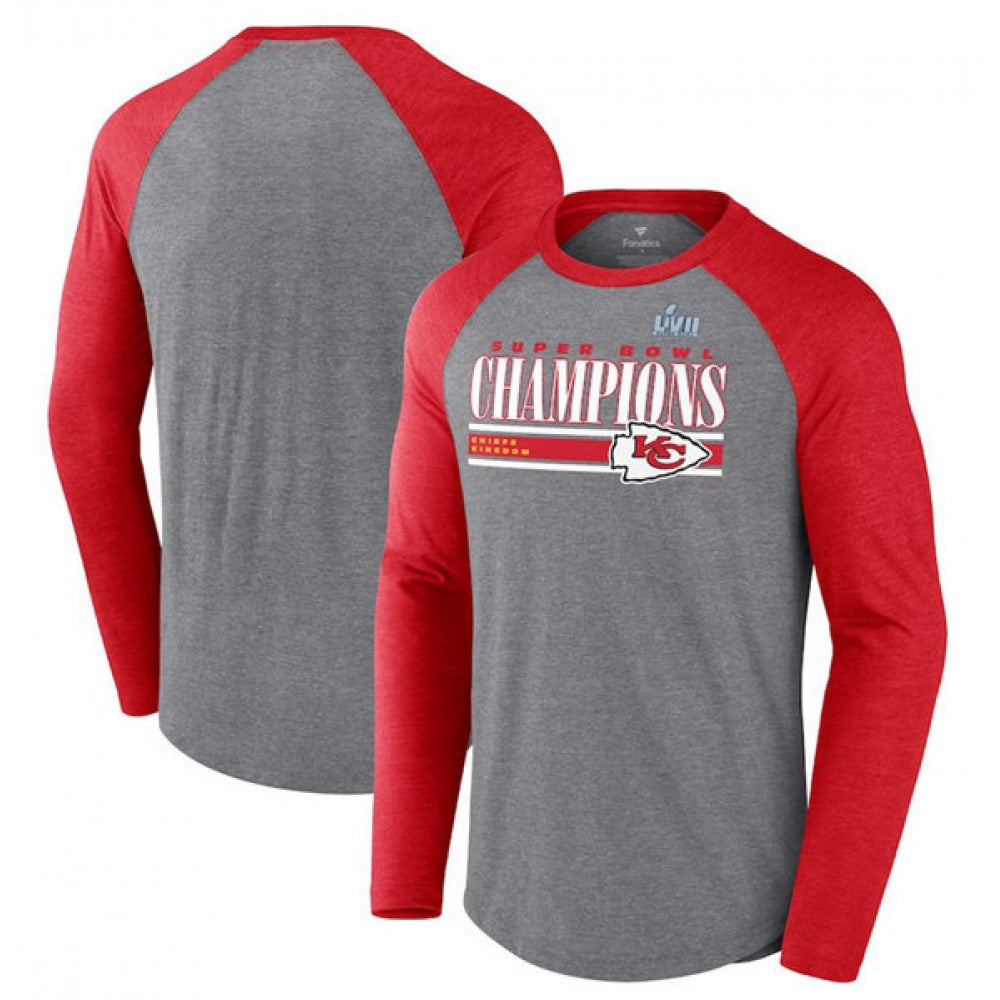 Men's Kansas City Chiefs Gray Red Super Bowl LVII Champions Perfect Addition Tri-Blend Raglan Long Sleeve T-Shirt 