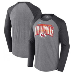 Men's Kansas City Chiefs Gray Charcoal Super Bowl LVII Champions Rewrite History Raglan Long Sleeve T-Shirt 