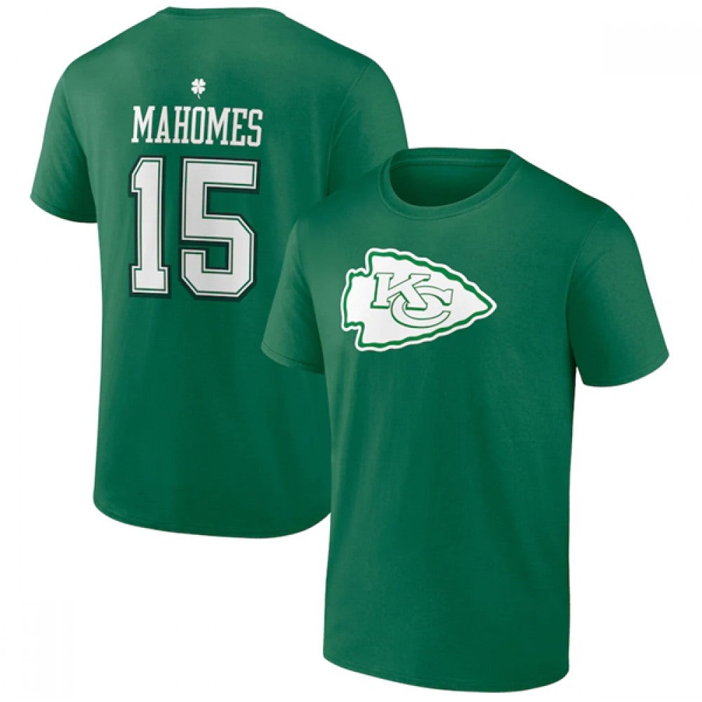 Men's Kansas City Chiefs #15 Patrick Mahomes Green St. Patrick's Day Icon Player T-Shirt 