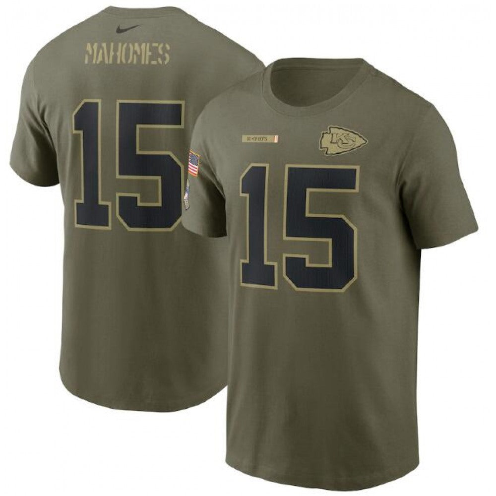 Men's Kansas City Chiefs #15 Patrick Mahomes 2021 Olive Salute To Service Legend Performance T-Shirt 