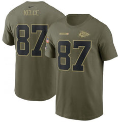 Men's Kansas City Chiefs #87 Travis Kelce 2021 Olive Salute To Service Legend Performance T-Shirt 