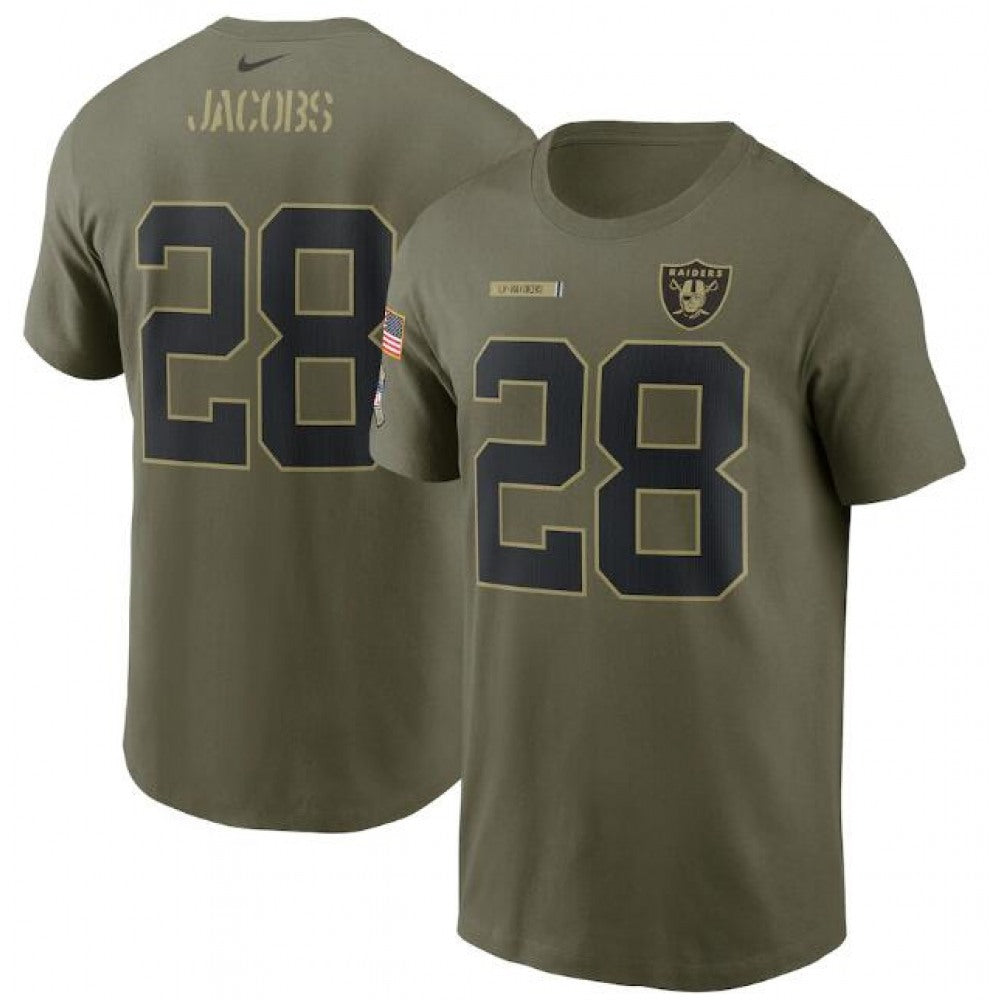 Men's Las Vegas Raiders #28 Josh Jacobs 2021 Olive Salute To Service Legend Performance T-Shirt 