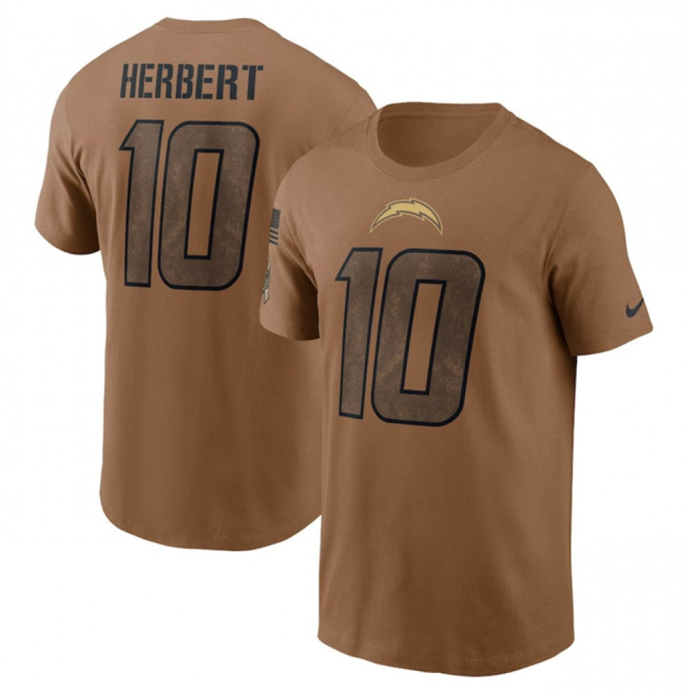 Men's Los Angeles Chargers #10 Justin Herbert 2023 Brown Salute To Service Name & Number T-Shirt 